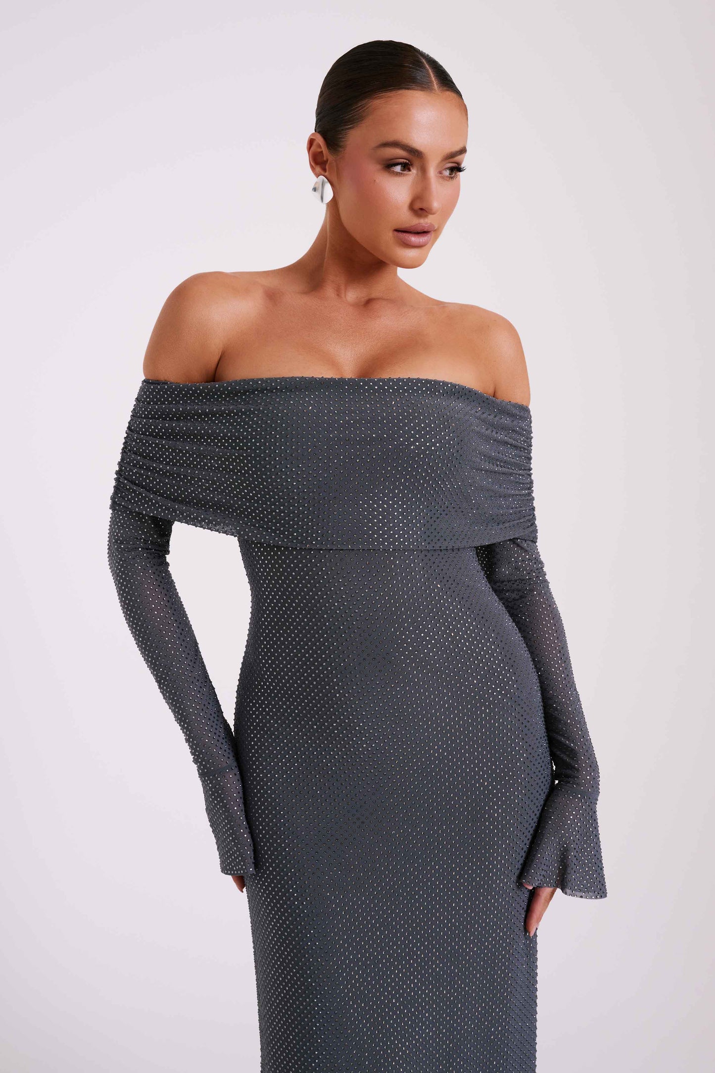 Robe Maxi Marcel à épaules dénudées et strass - Gris anthracite