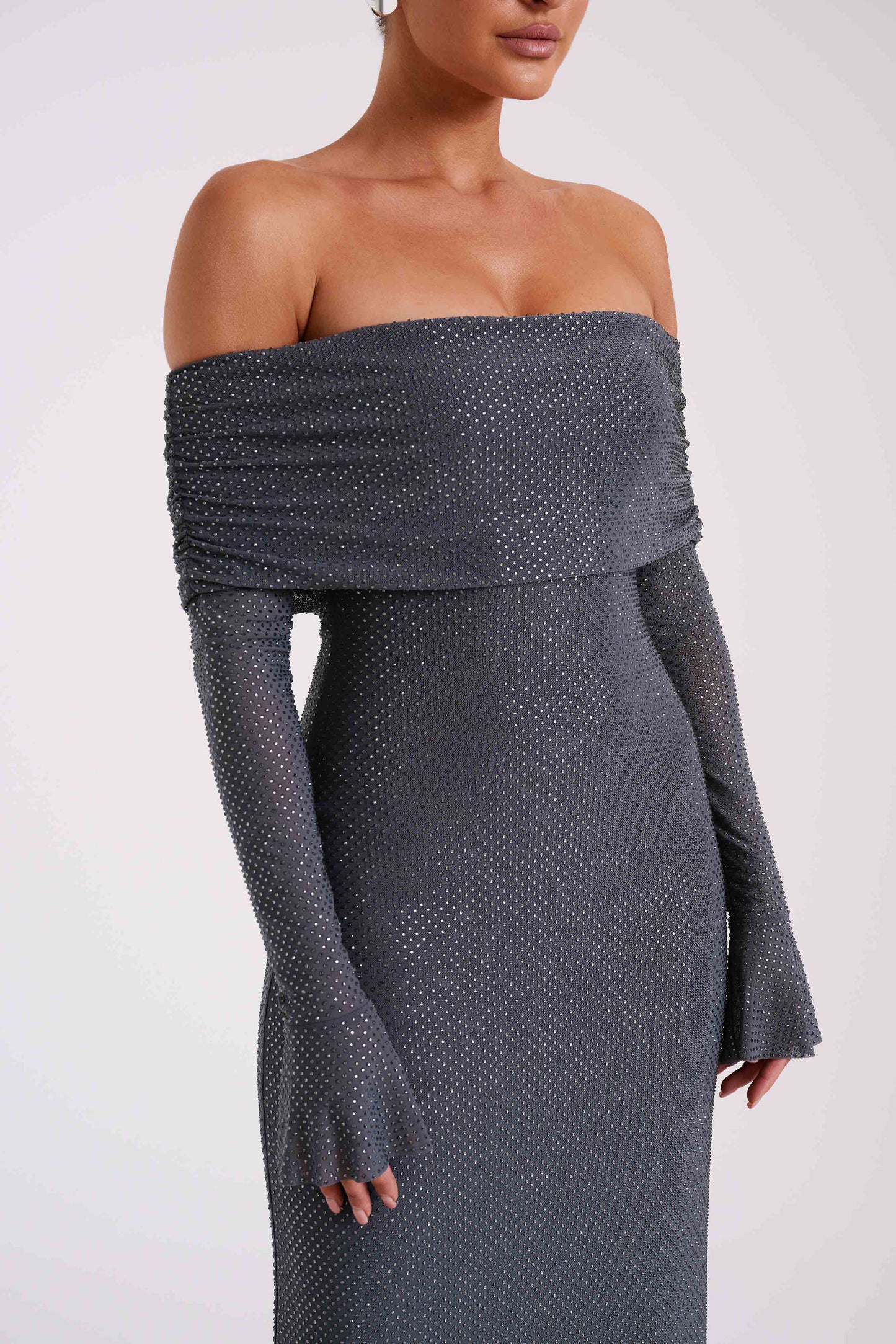 Robe Maxi Marcel à épaules dénudées et strass - Gris anthracite