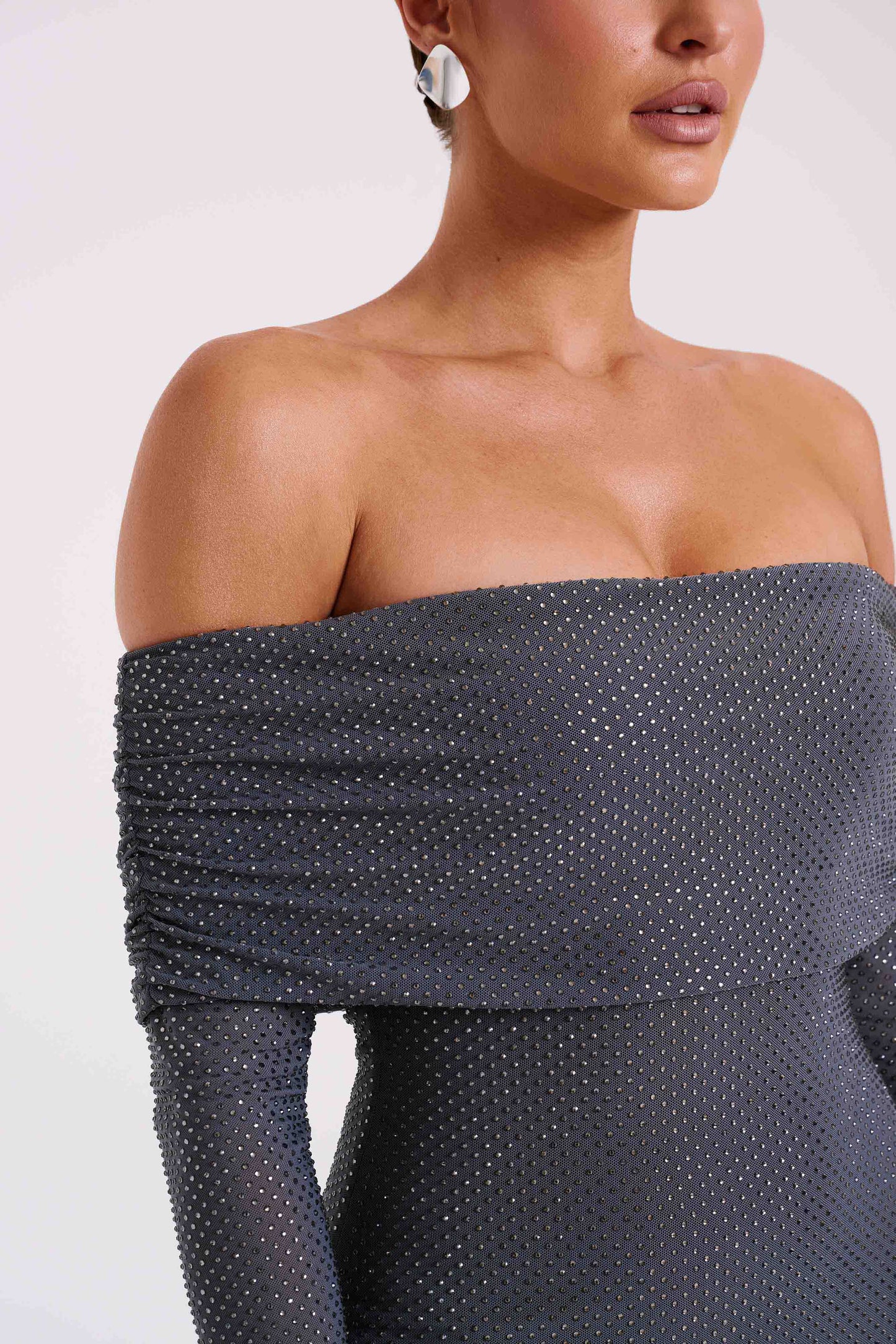 Robe Maxi Marcel à épaules dénudées et strass - Gris anthracite