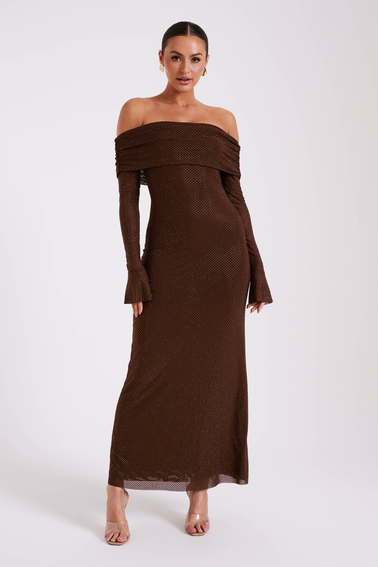 Robe Maxi Marcel à épaules dénudées et strass - Chocolat