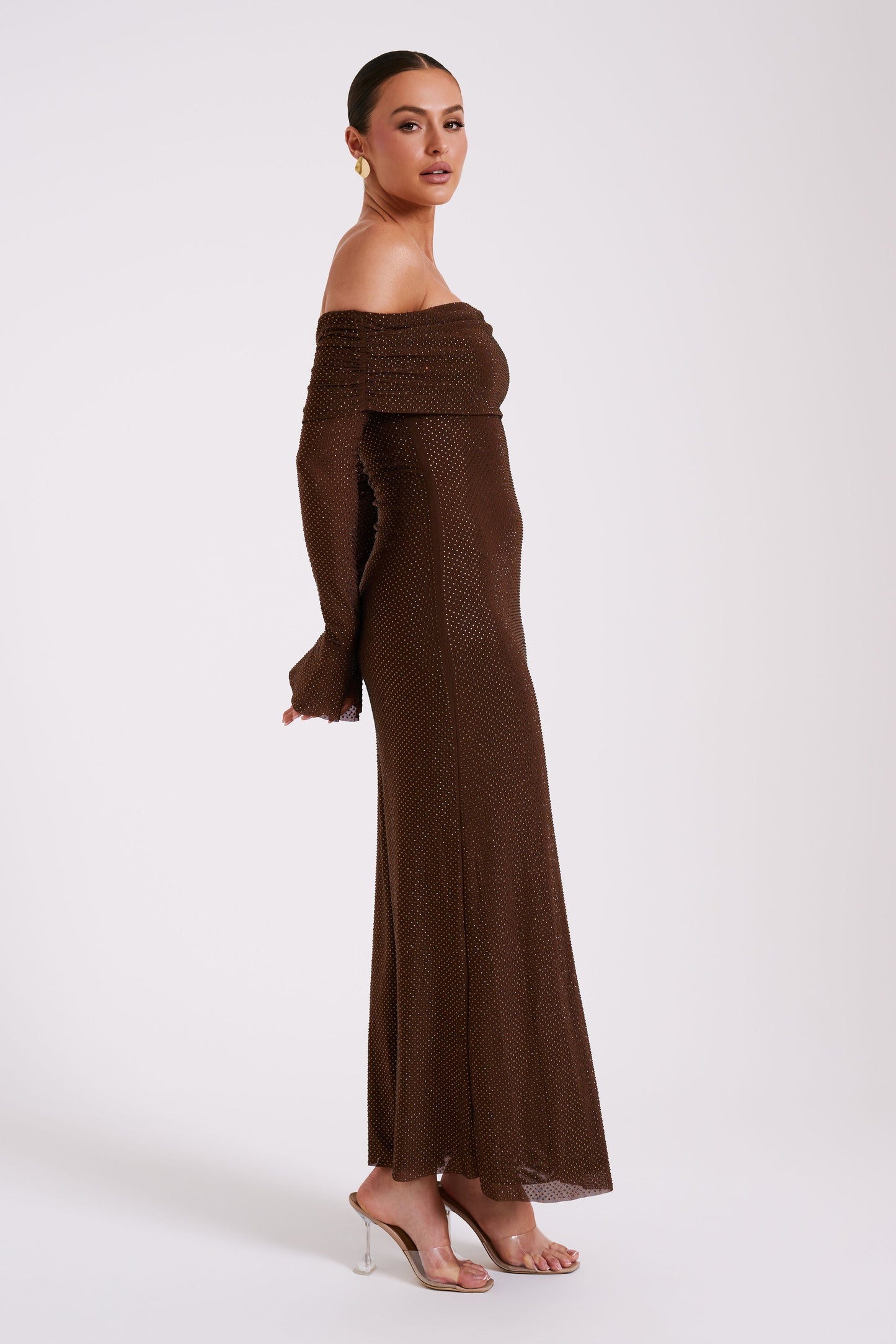 Robe Maxi Marcel à épaules dénudées et strass - Chocolat