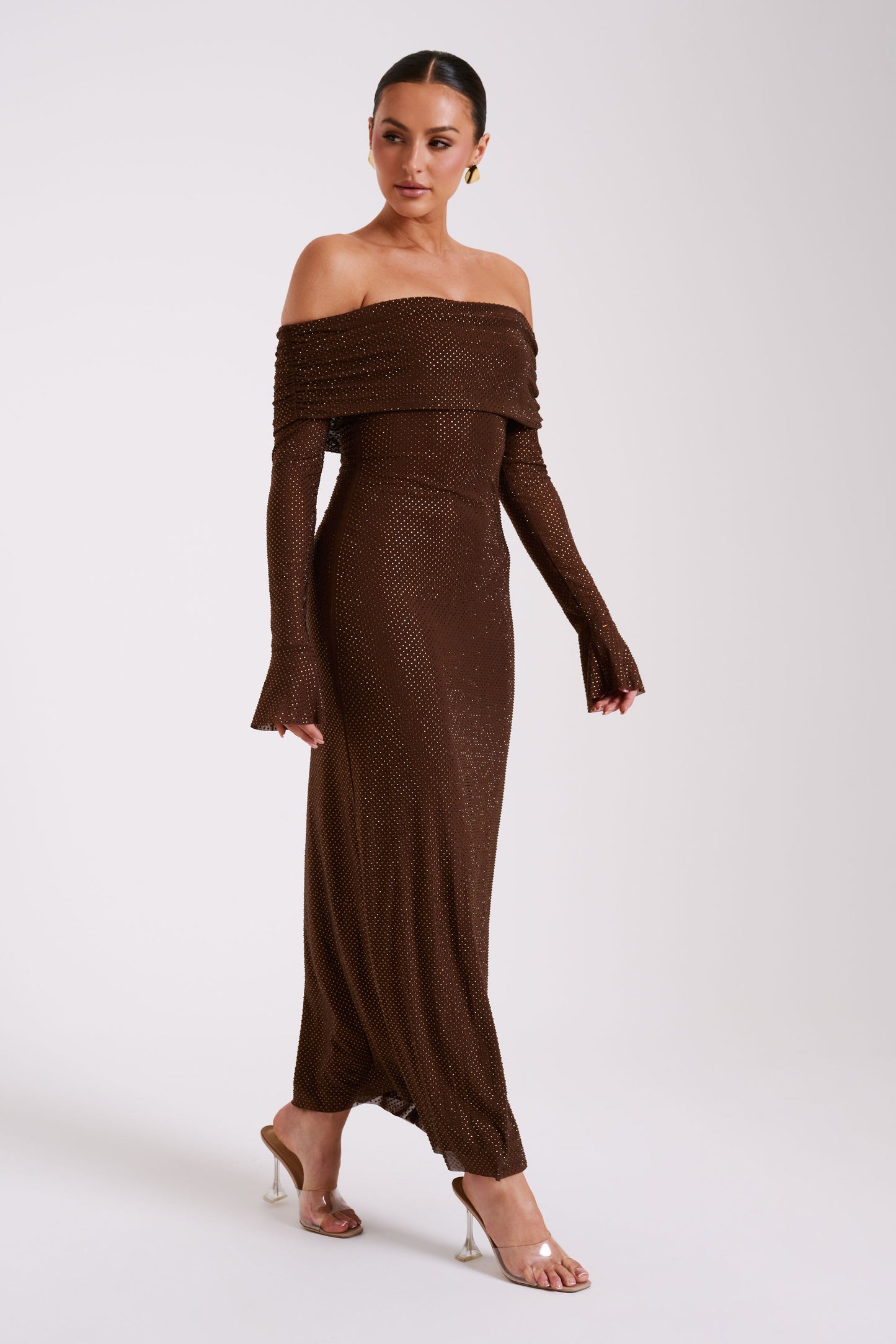 Robe Maxi Marcel à épaules dénudées et strass - Chocolat