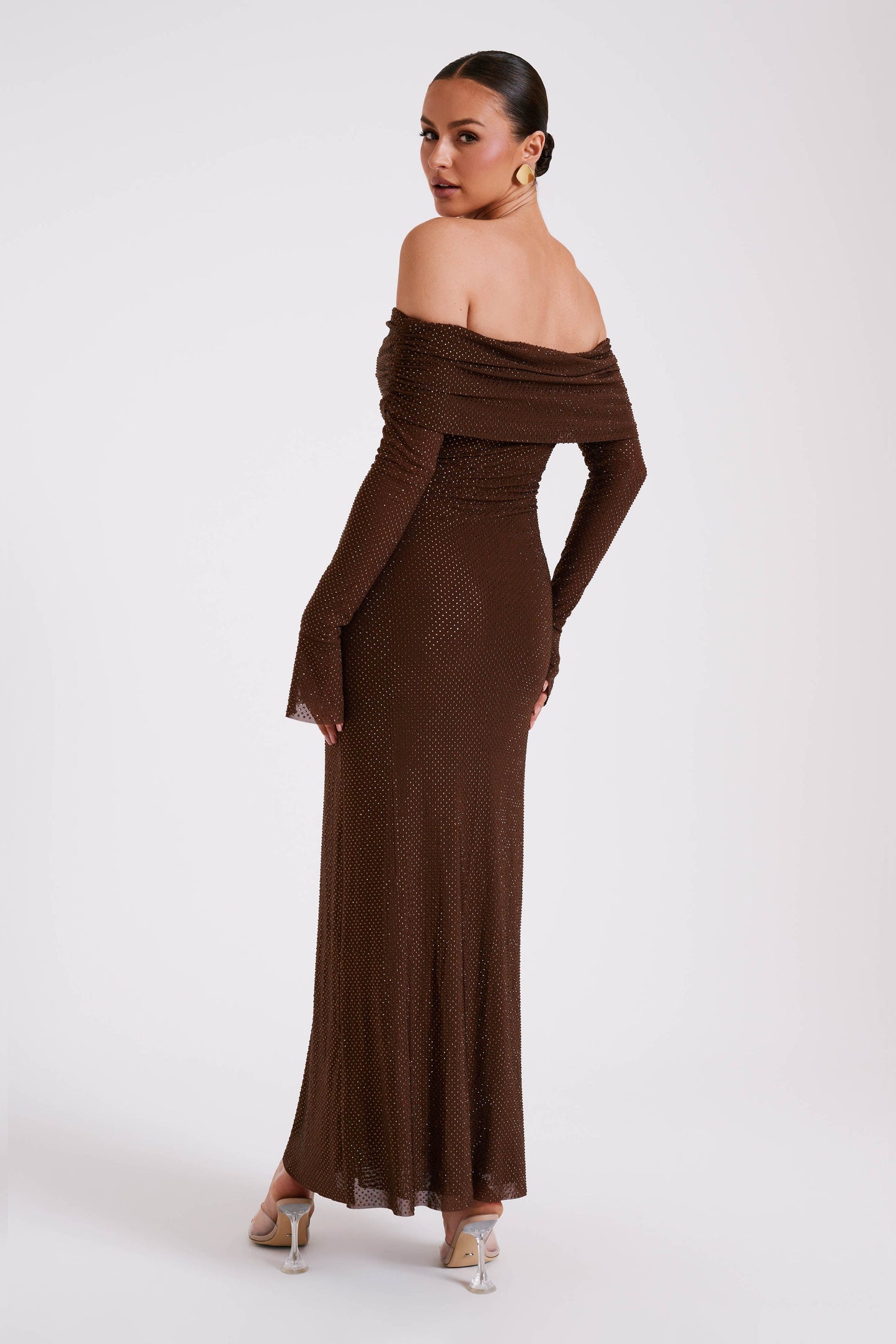 Robe Maxi Marcel à épaules dénudées et strass - Chocolat