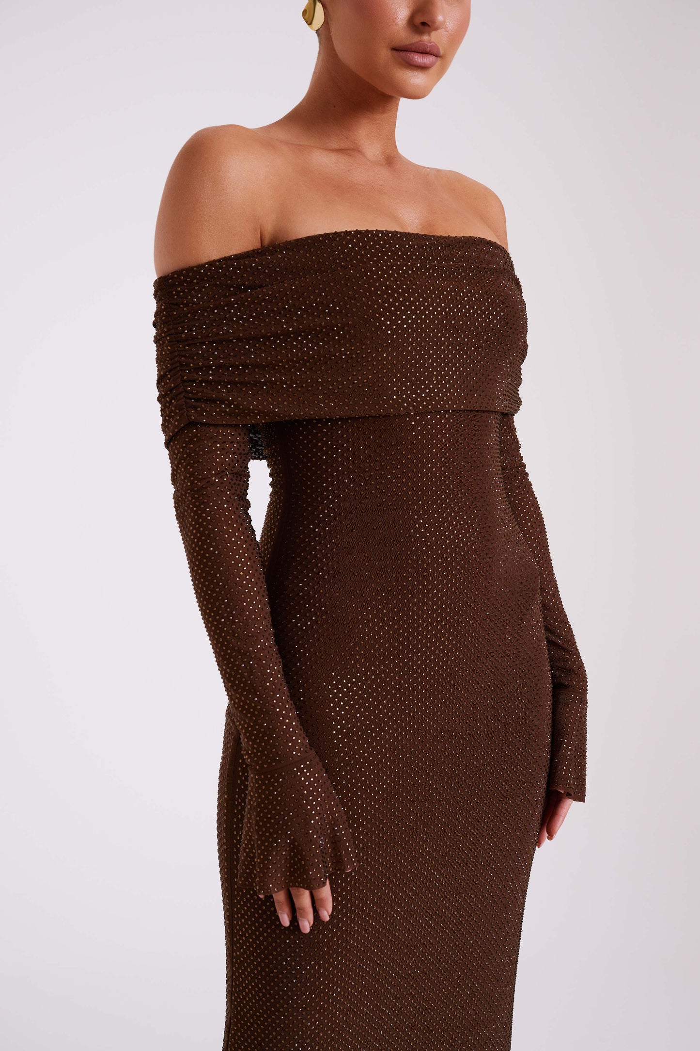 Robe Maxi Marcel à épaules dénudées et strass - Chocolat