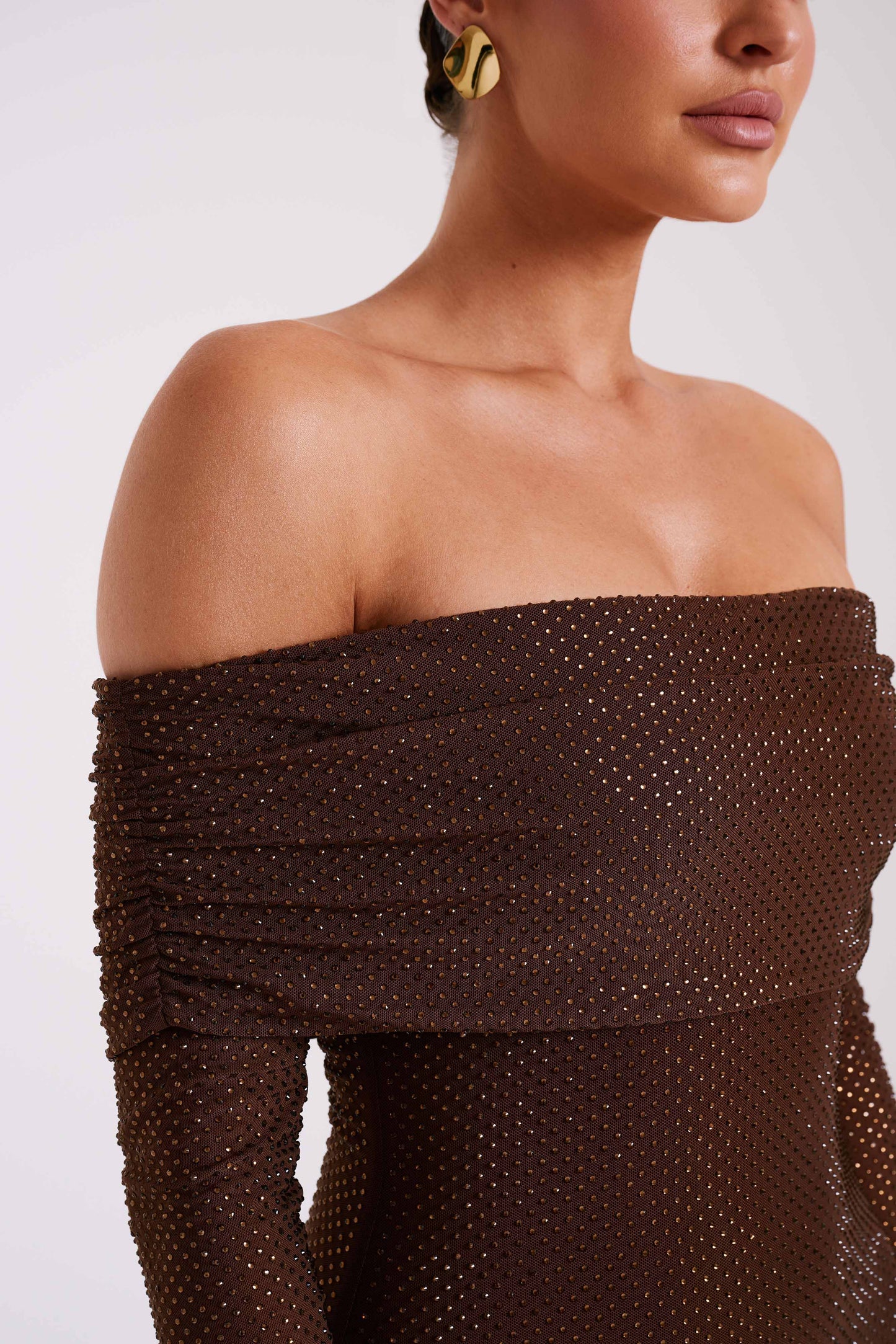 Robe Maxi Marcel à épaules dénudées et strass - Chocolat