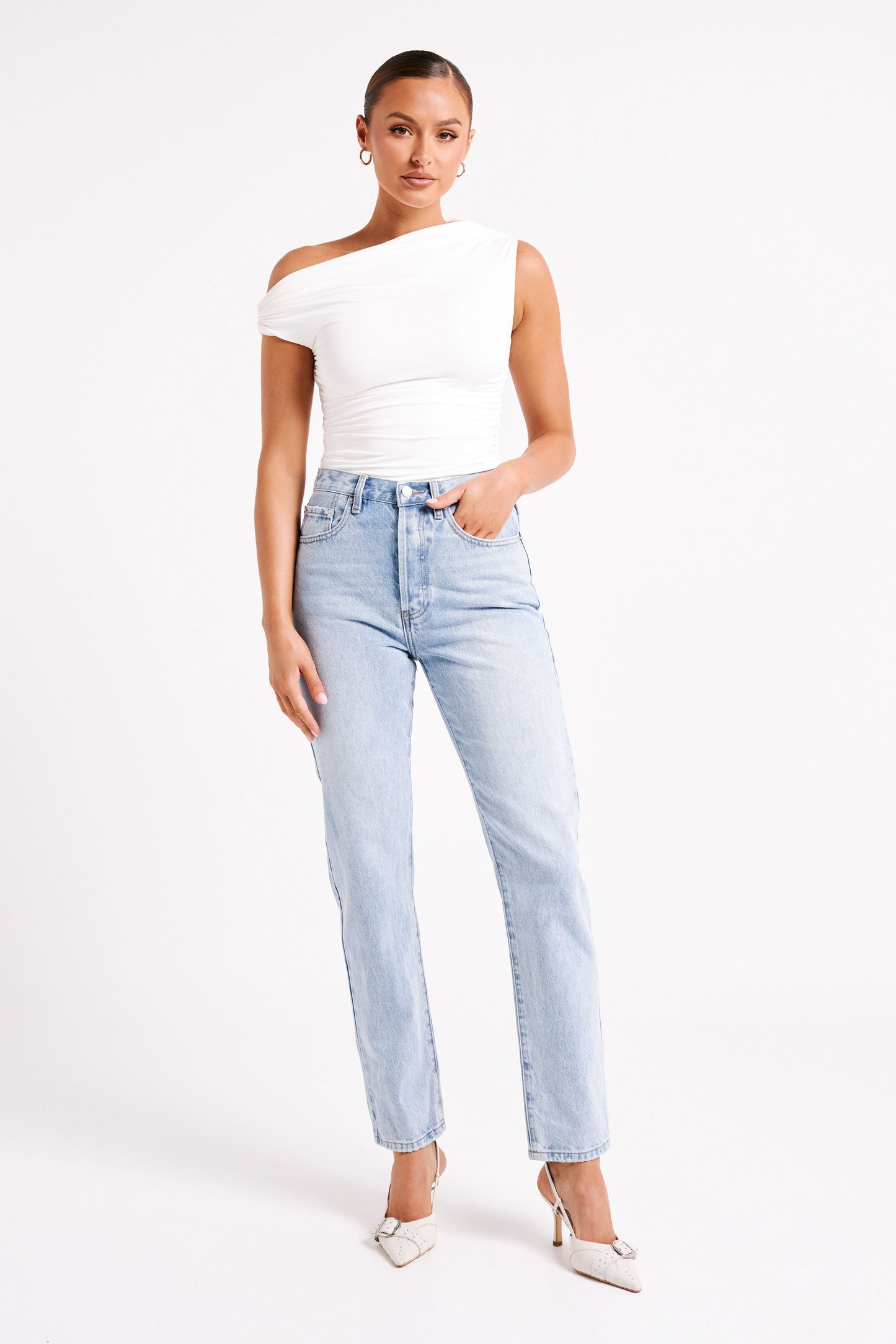 Top Alayna en nylon recyclé à volants - Blanc