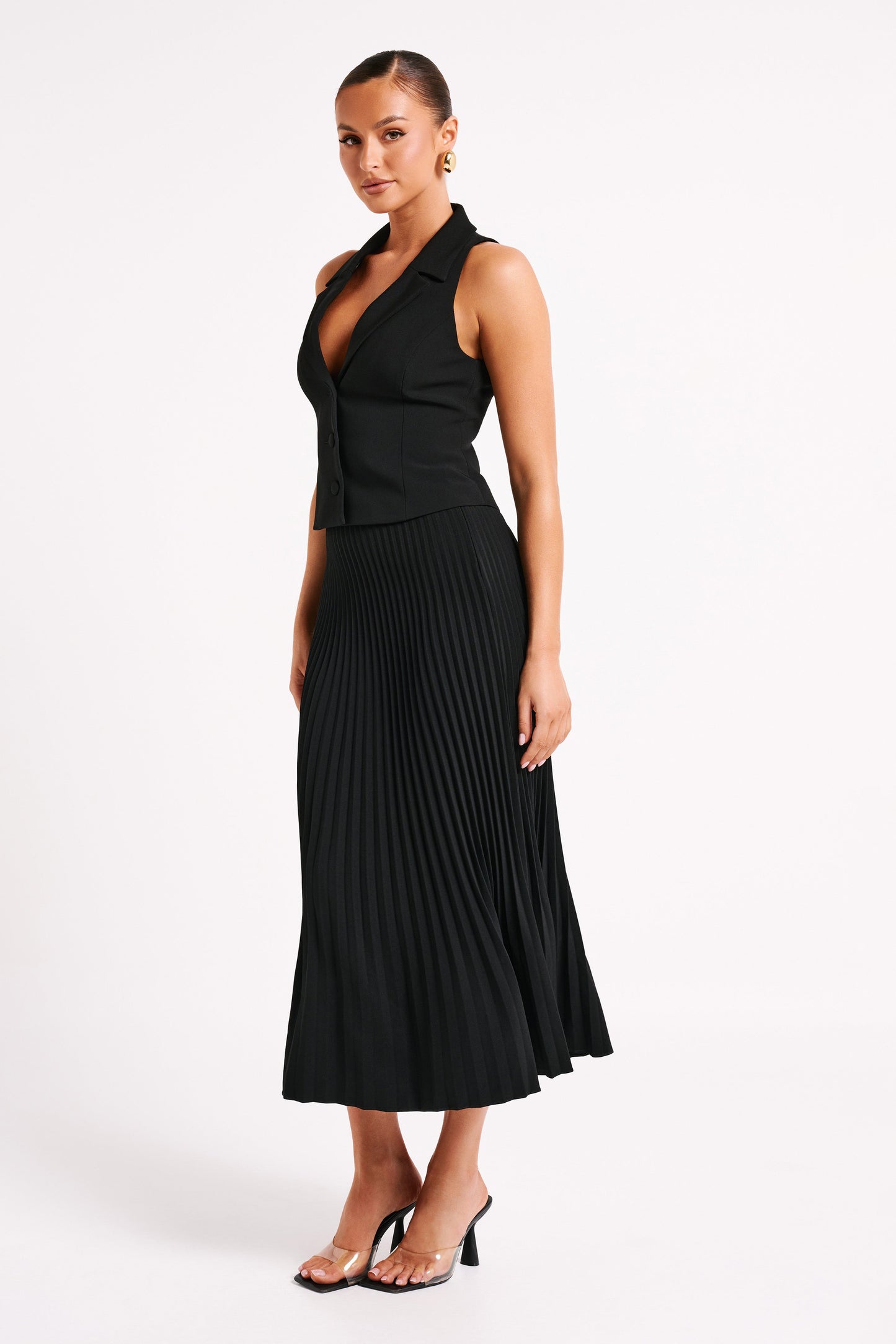 Jupe Maxi Twyla en Tissu de Costume Plissé - Noir