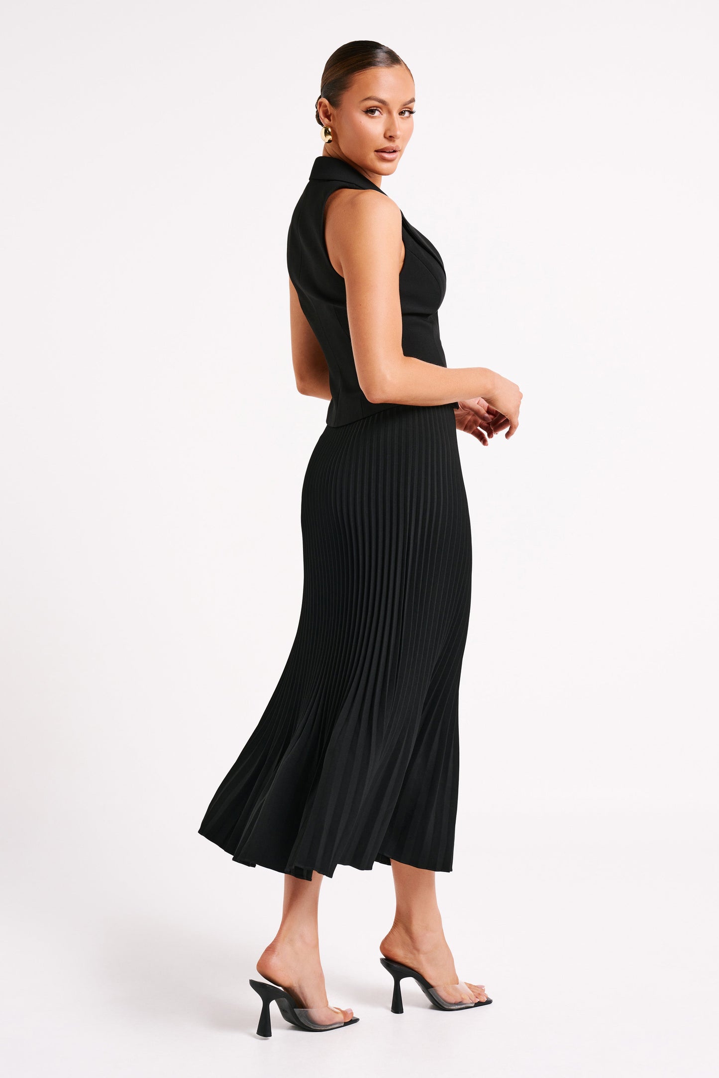 Jupe Maxi Twyla en Tissu de Costume Plissé - Noir