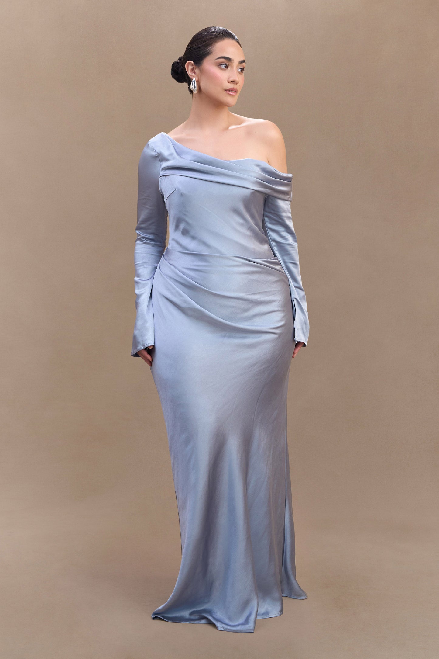Iris Robe Maxi Satin à Manches Longues - Bleu Glacé