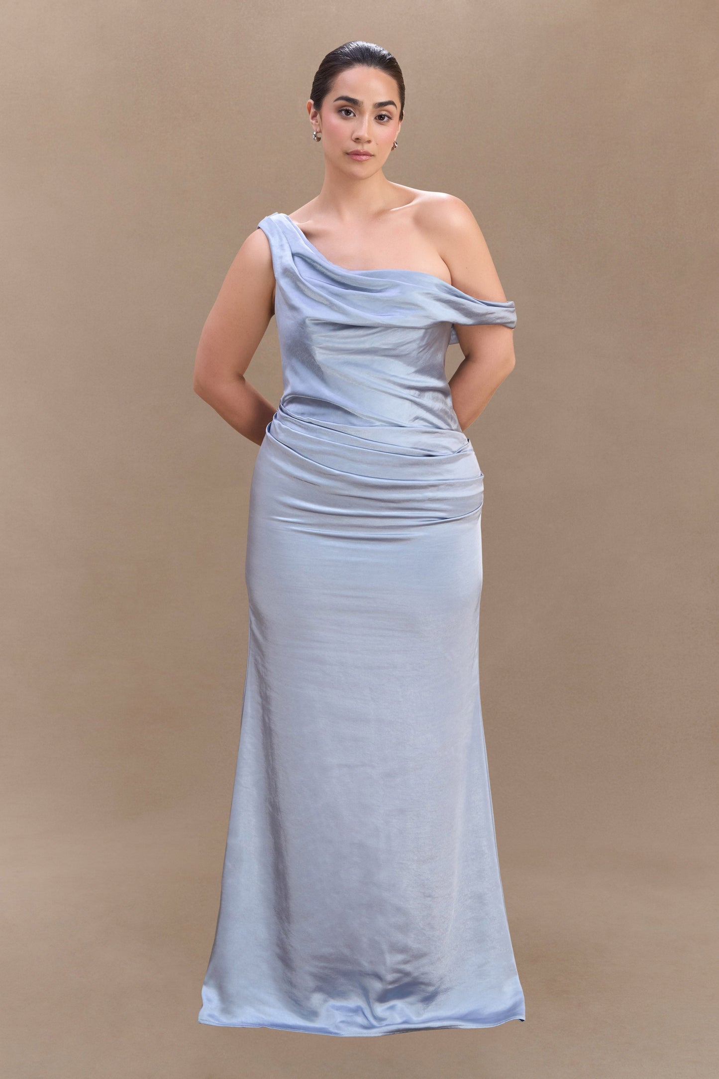 Robe Maxi en Satin Dalia à Manches Décolletées - Bleu Glacé
