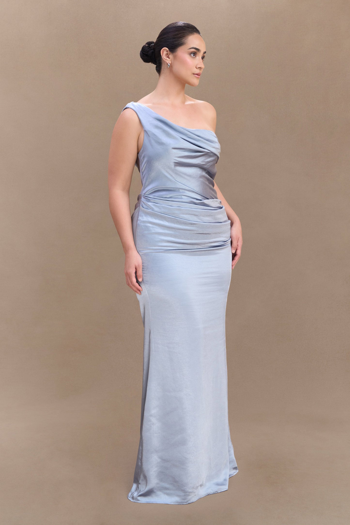 Robe Maxi en Satin Dalia à Manches Décolletées - Bleu Glacé