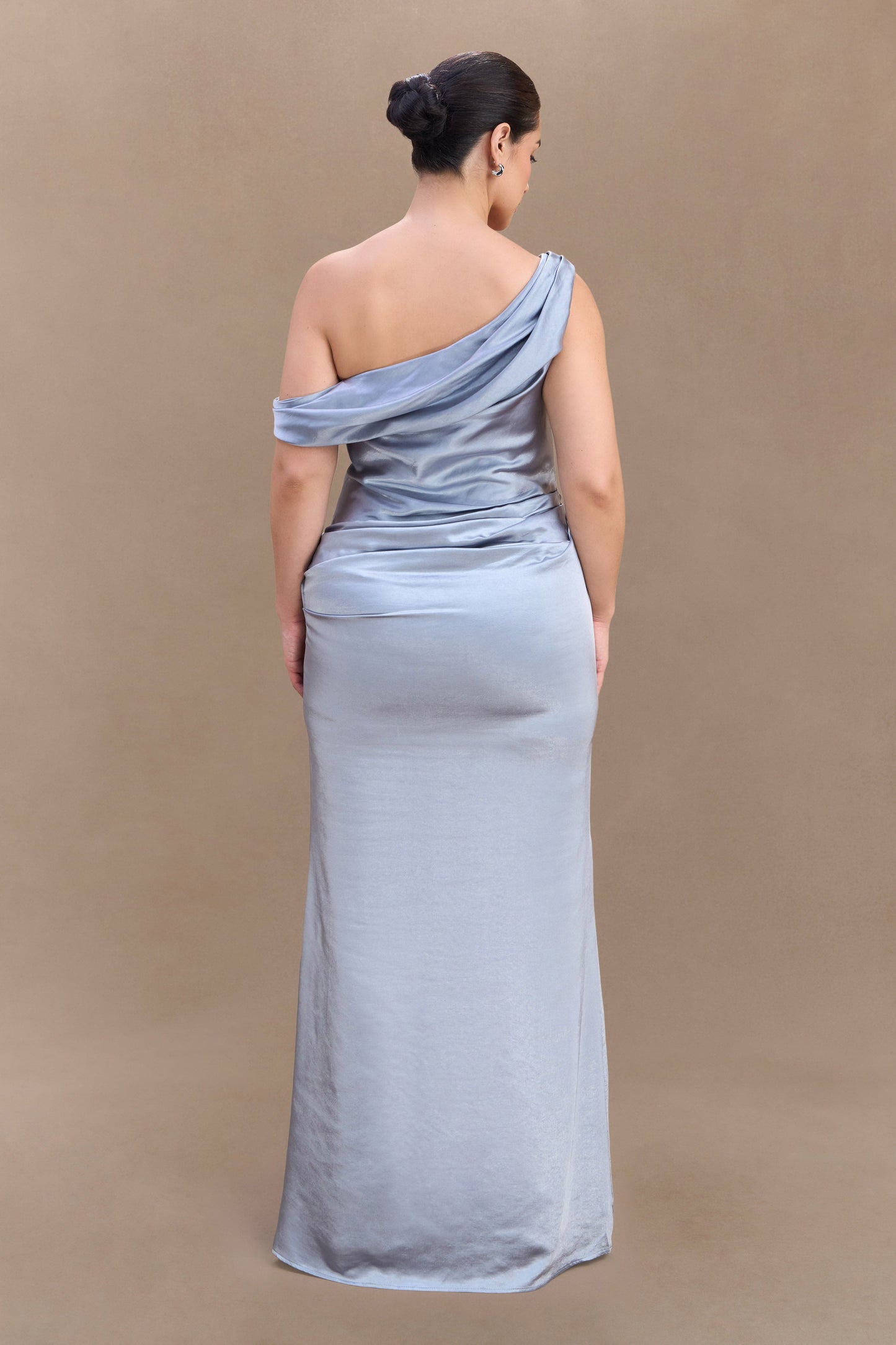 Robe Maxi en Satin Dalia à Manches Décolletées - Bleu Glacé
