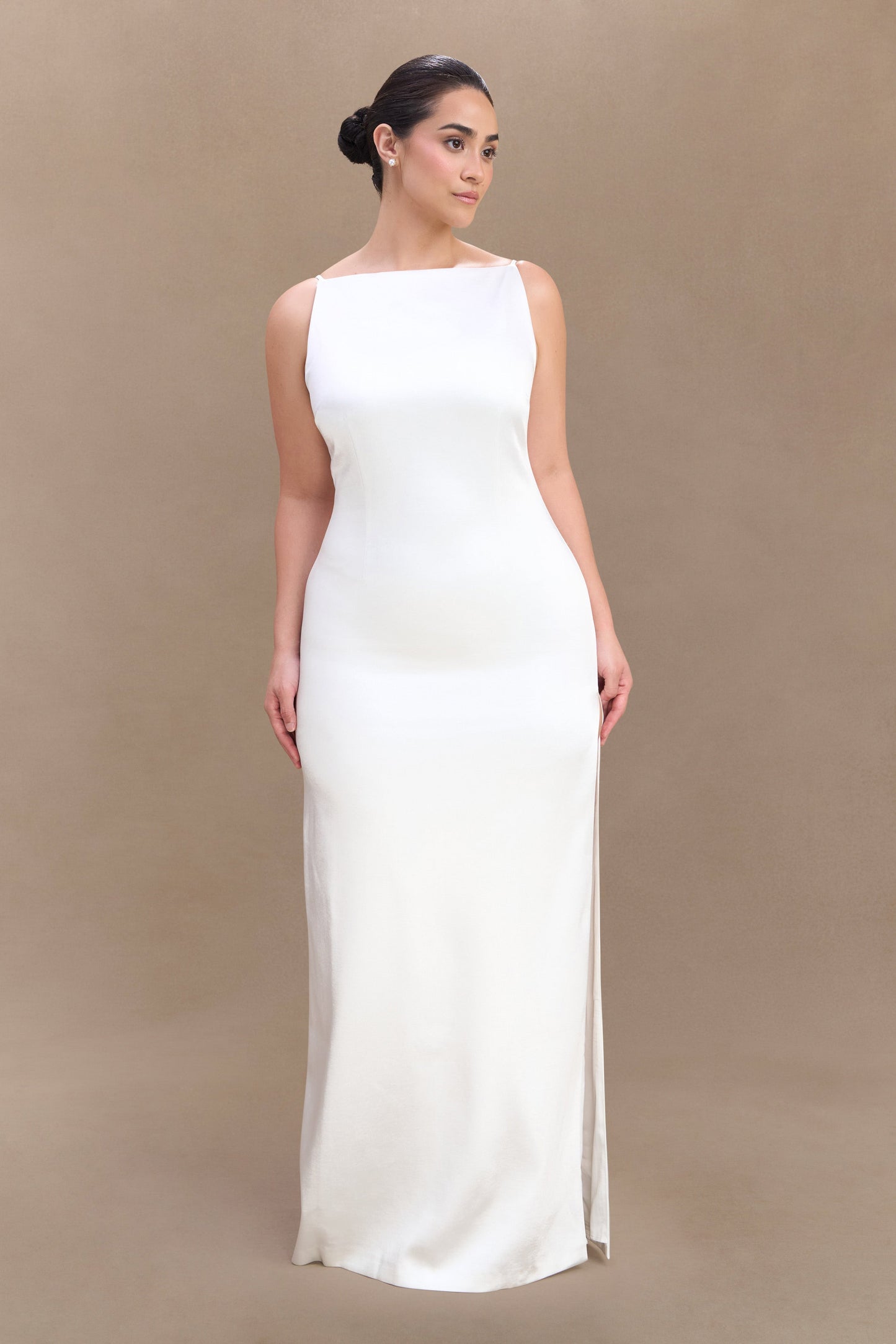 Violet Robe Maxi en Satin Sans Manches - Blanc