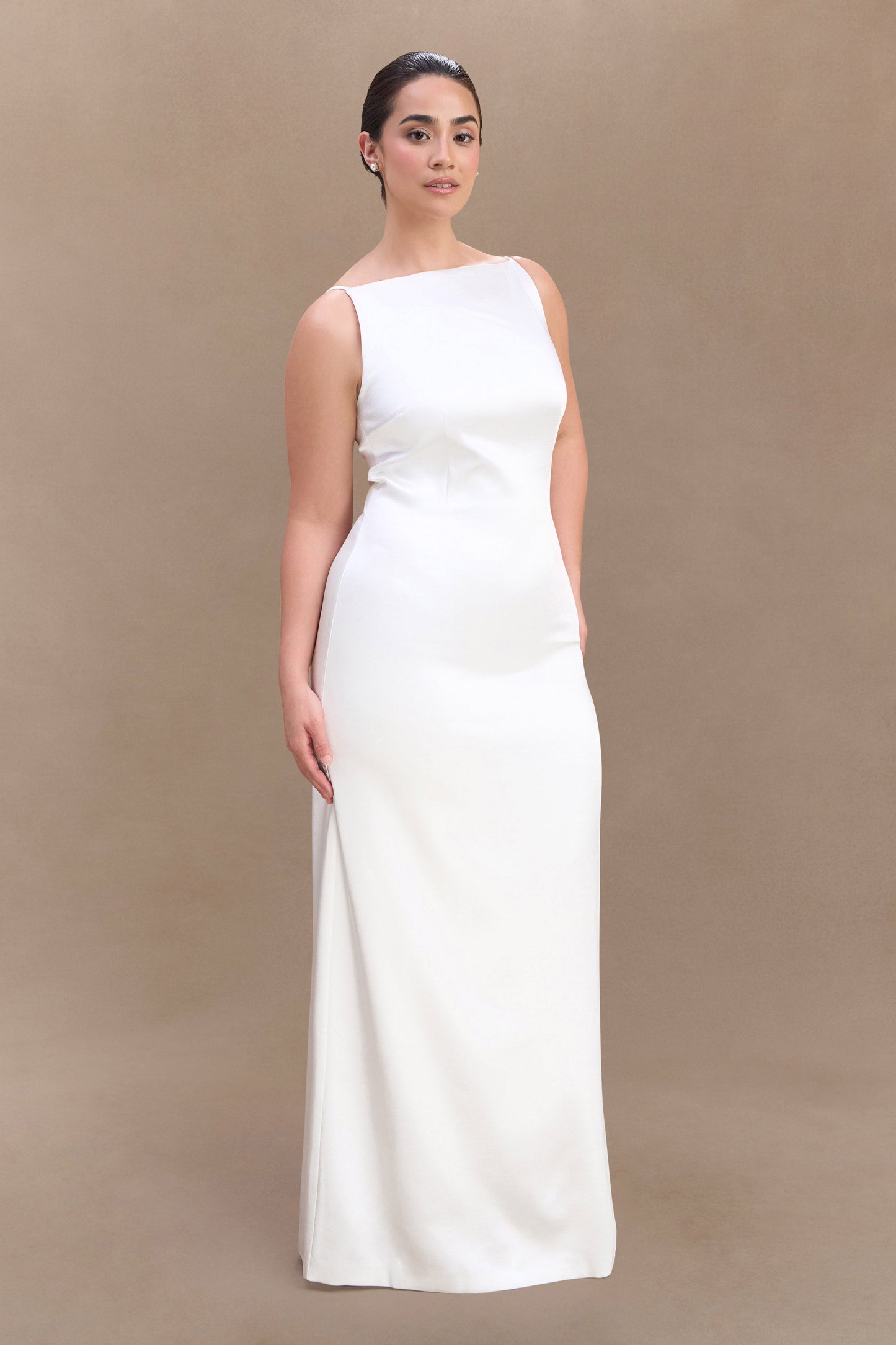 Violet Robe Maxi en Satin Sans Manches - Blanc
