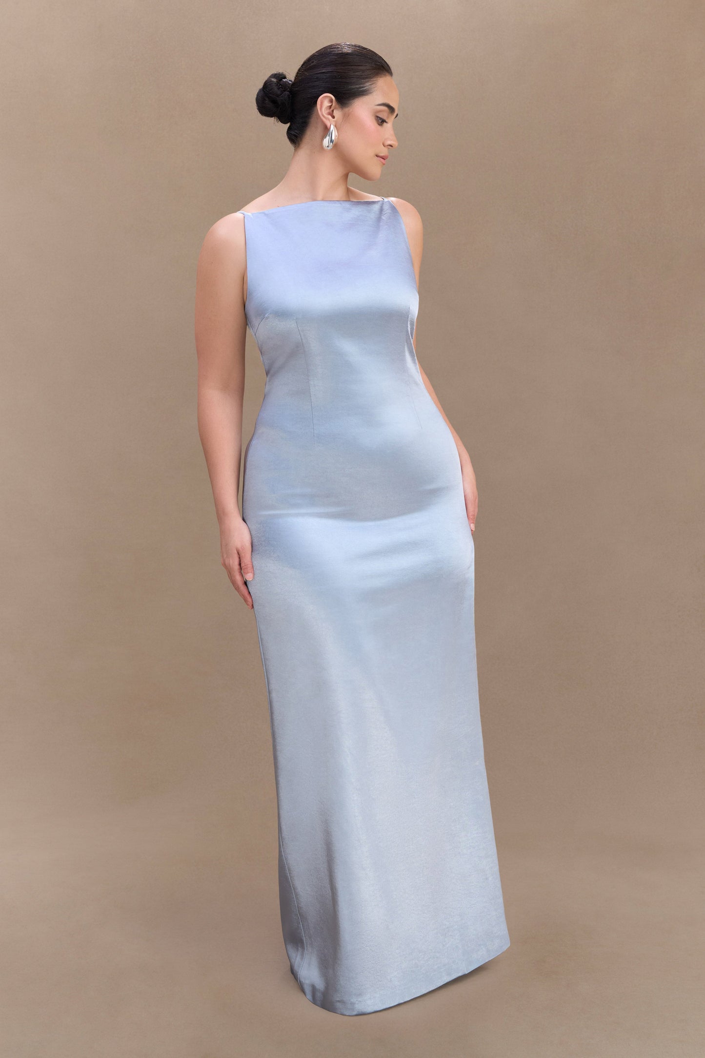 Robe Maxi en Satin Violet Sans Manches - Bleu Glacé