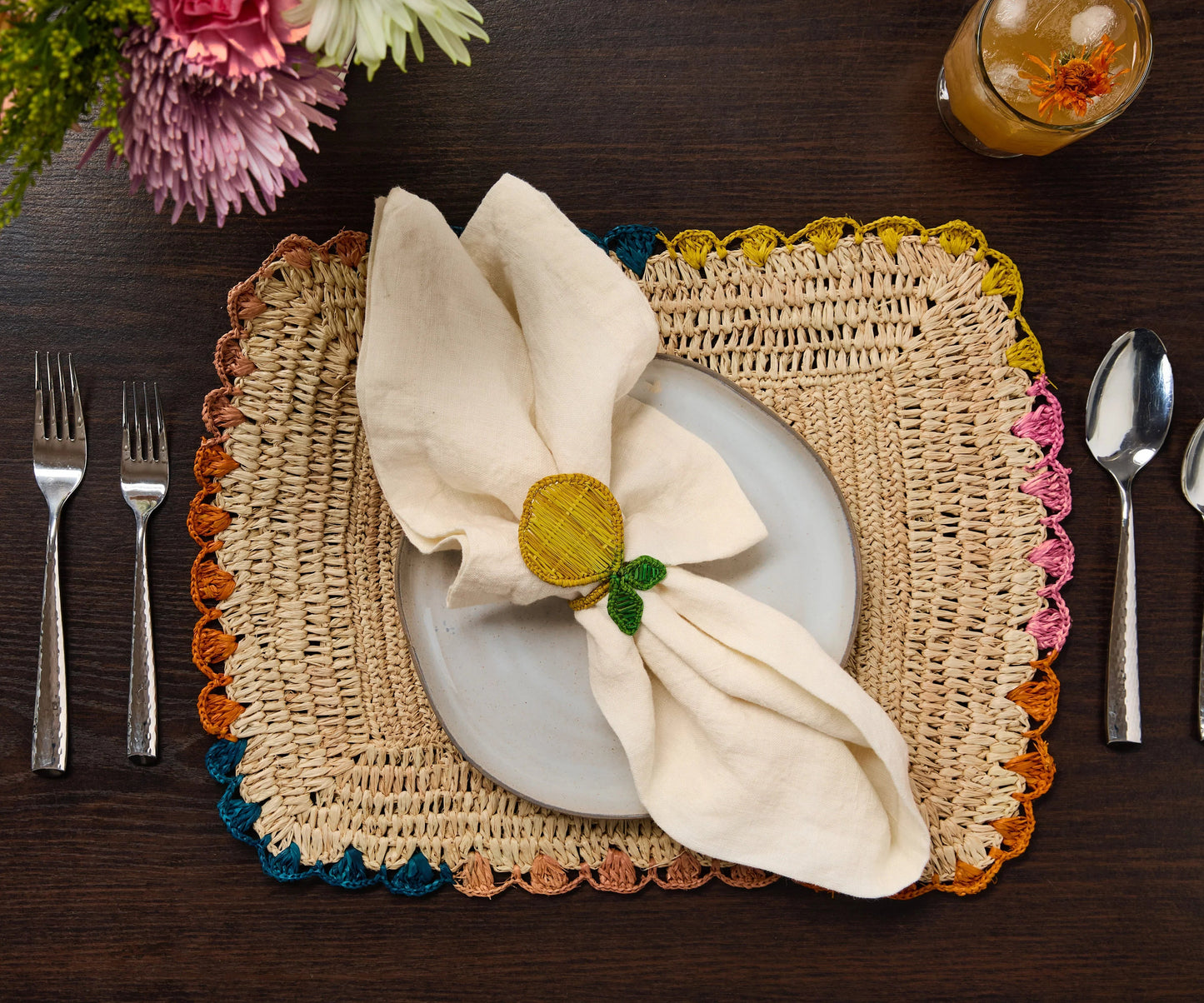 Rond de serviette citron – 3,5 pouces de palmier Iraca tissé à la main – Décoration de table estivale artisanale de Colombie