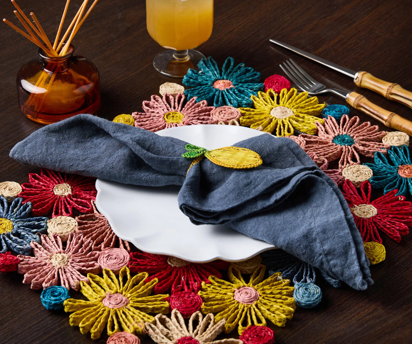 Rond de serviette citron – 3,5 pouces de palmier Iraca tissé à la main – Décoration de table estivale artisanale de Colombie