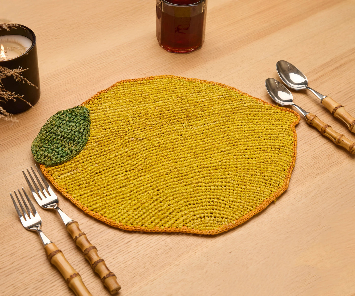 Set de table en raphia tissé à la main en forme de citron, décoration de table estivale