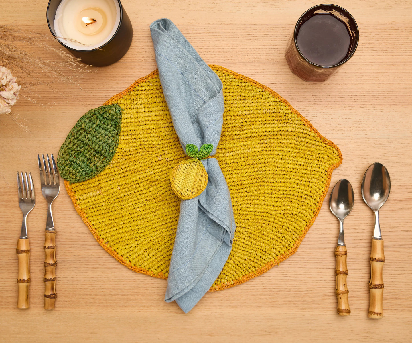 Set de table en raphia tissé à la main en forme de citron, décoration de table estivale