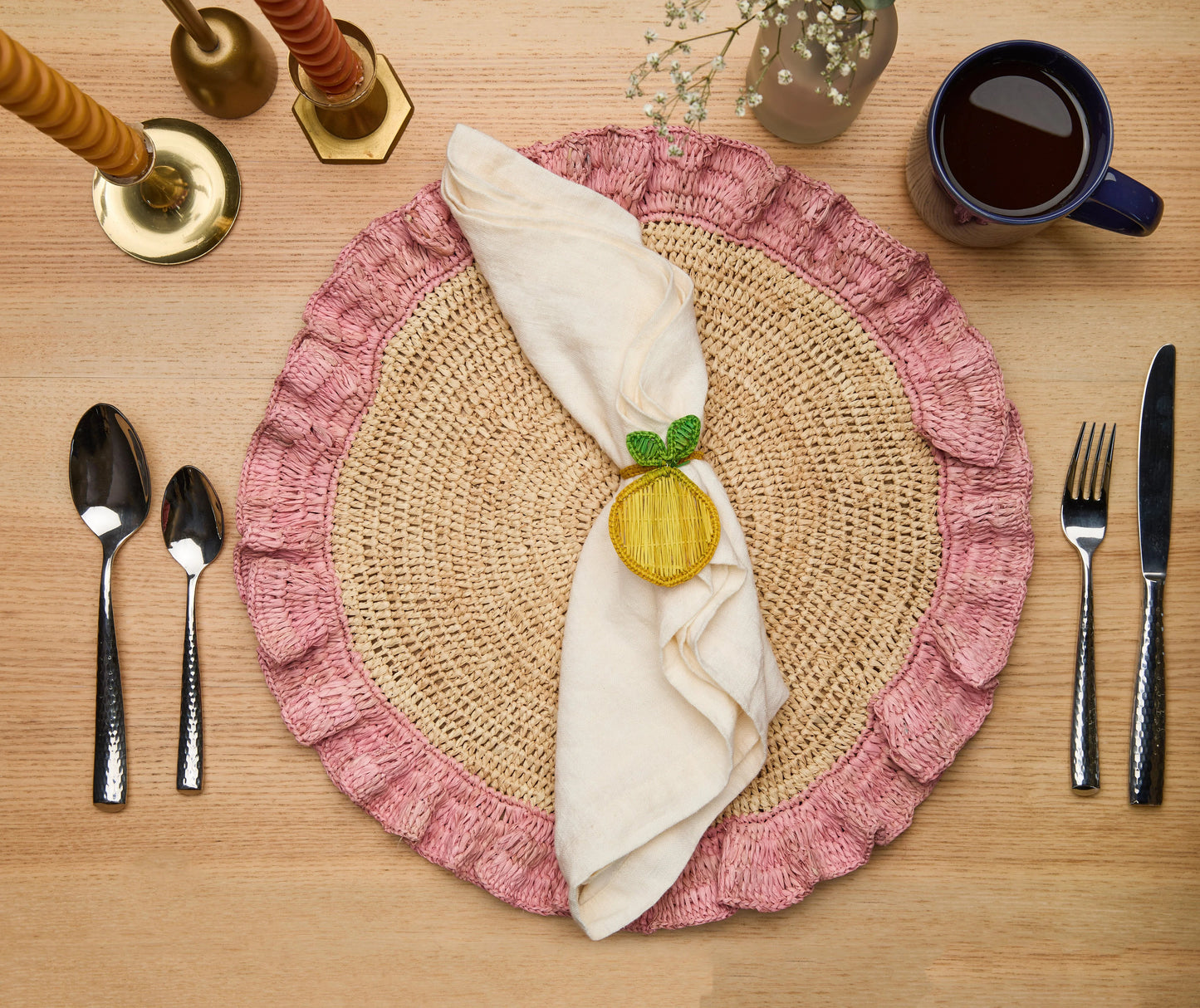 Rond de serviette citron – 3,5 pouces de palmier Iraca tissé à la main – Décoration de table estivale artisanale de Colombie