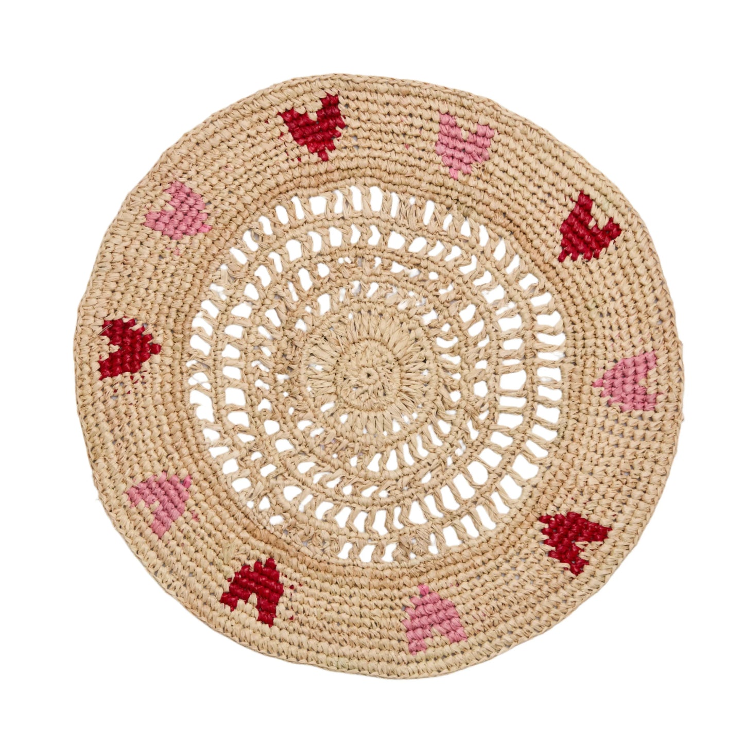Set de table en raphia tissé à la main avec cœurs rouges et roses – Décoration de table artisanale