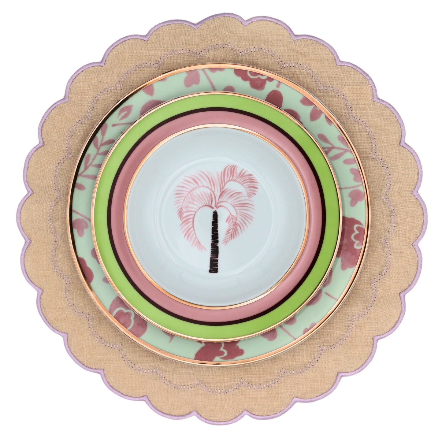 Assiette plate en forme de feuille, couleur pistache et litchi, avec bord doré peint à la main (lot de 4)