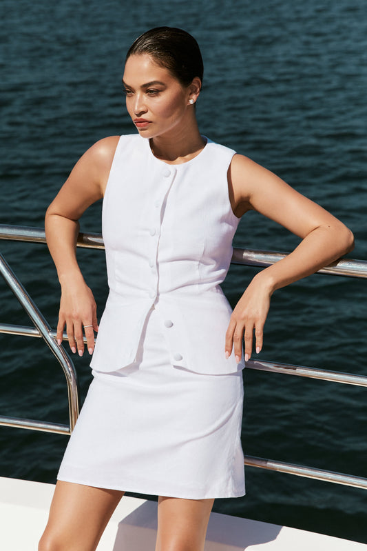 Top long en lin sans manches Laurence - Blanc