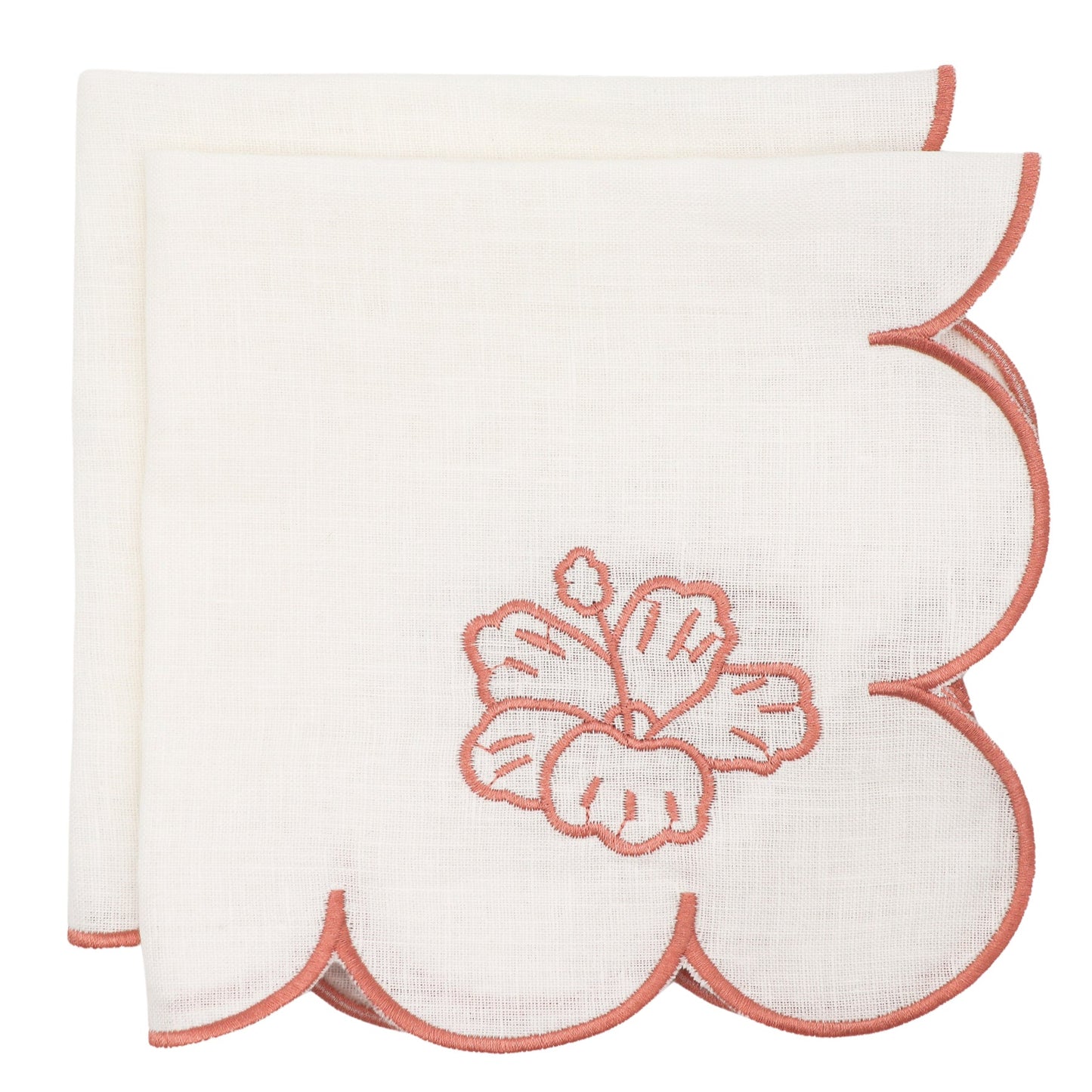 Serviettes en lin rosace ivoire avec broderie et bordure roses (lot de 4)