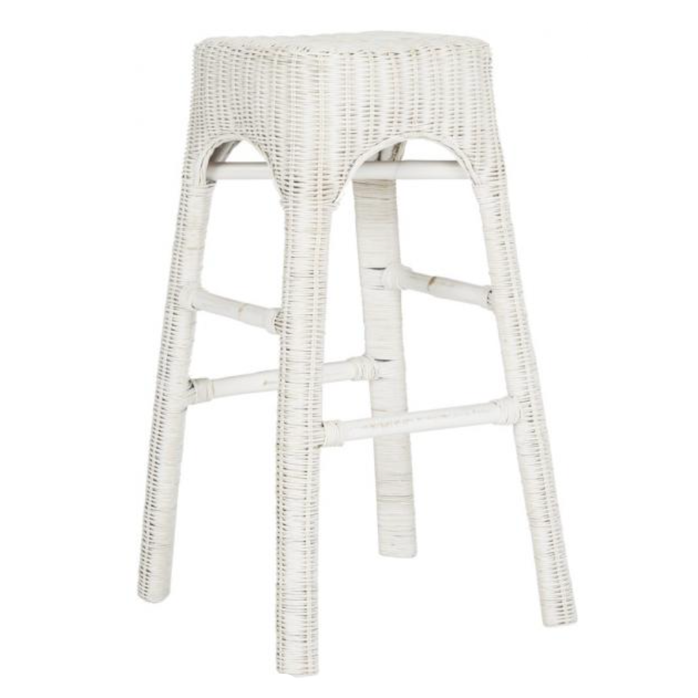 Tabouret de bar en rotin Percy en blanc vieilli