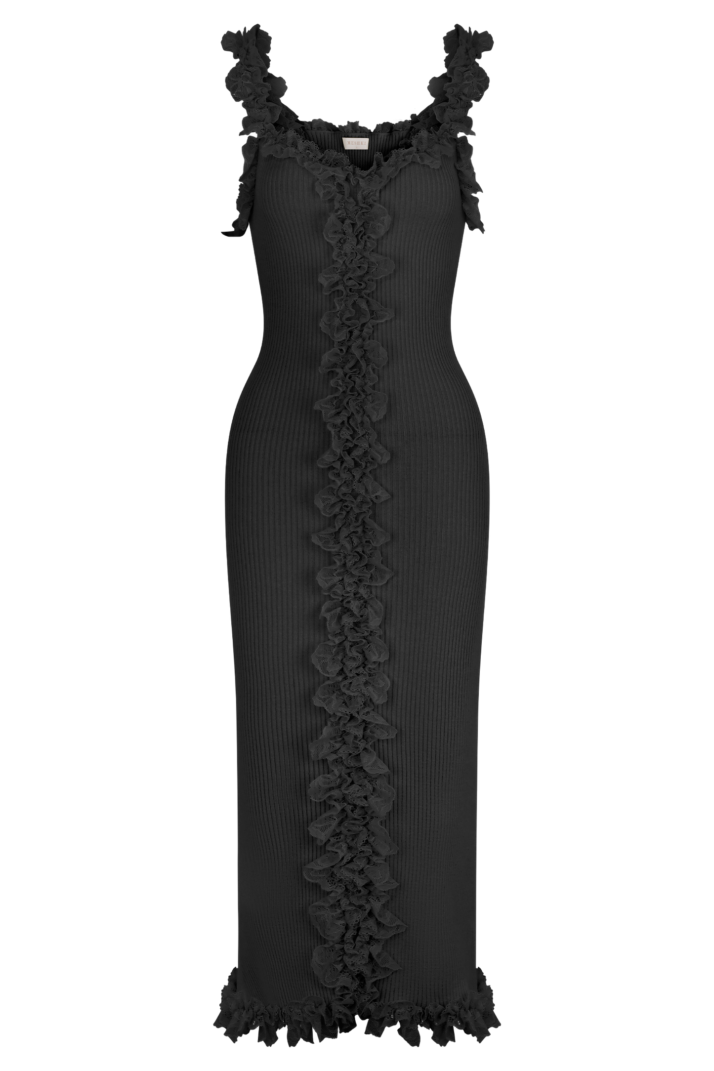 Robe mi-longue en jersey à volants et dentelle Shay - Noir