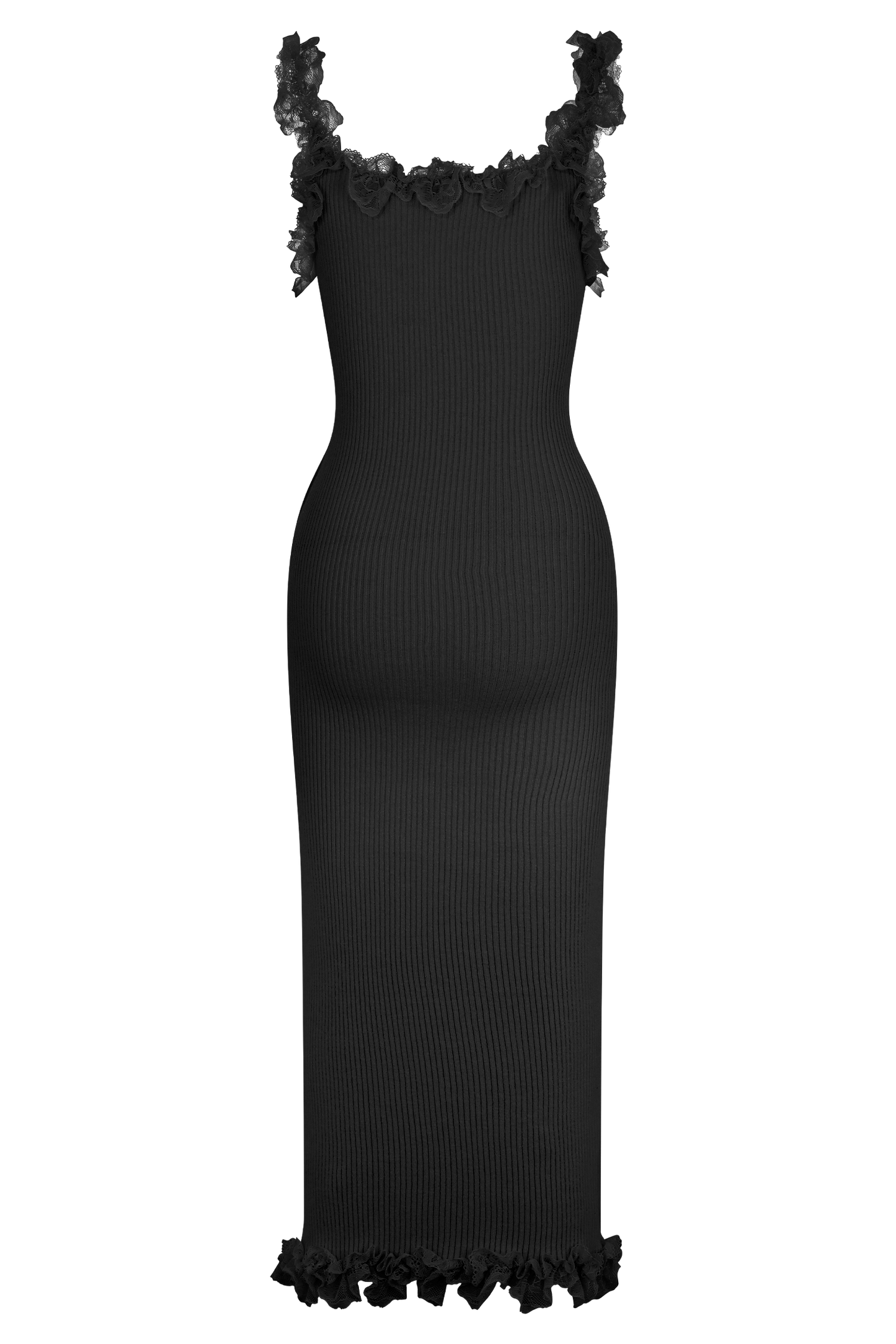 Robe mi-longue en jersey à volants et dentelle Shay - Noir