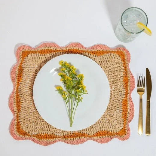 Sets de table Garden Party avec bords roses et orange, set de table rectangulaire tissé à la main