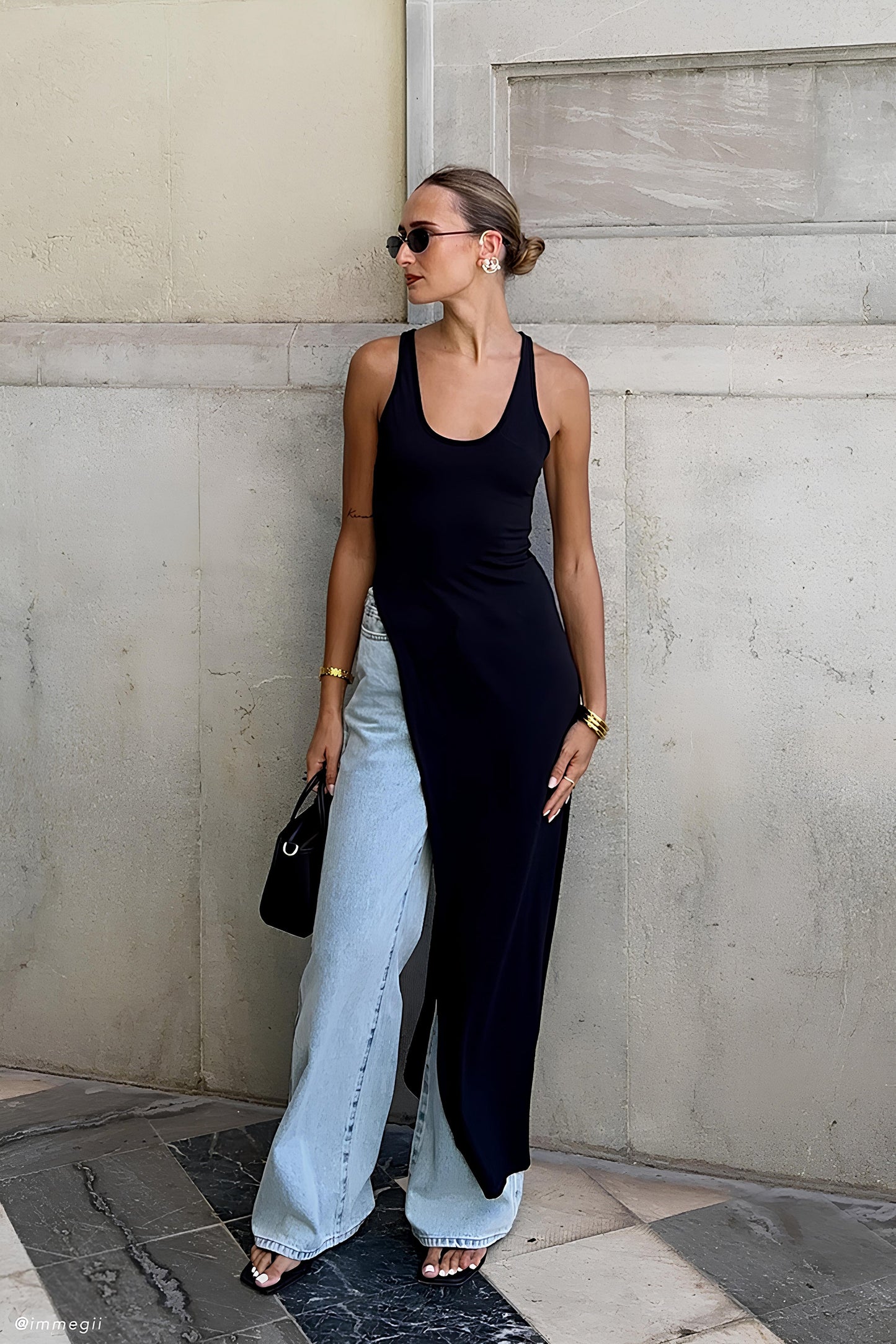 Haut Ellerie à dos nageur et longueur allongée - Noir