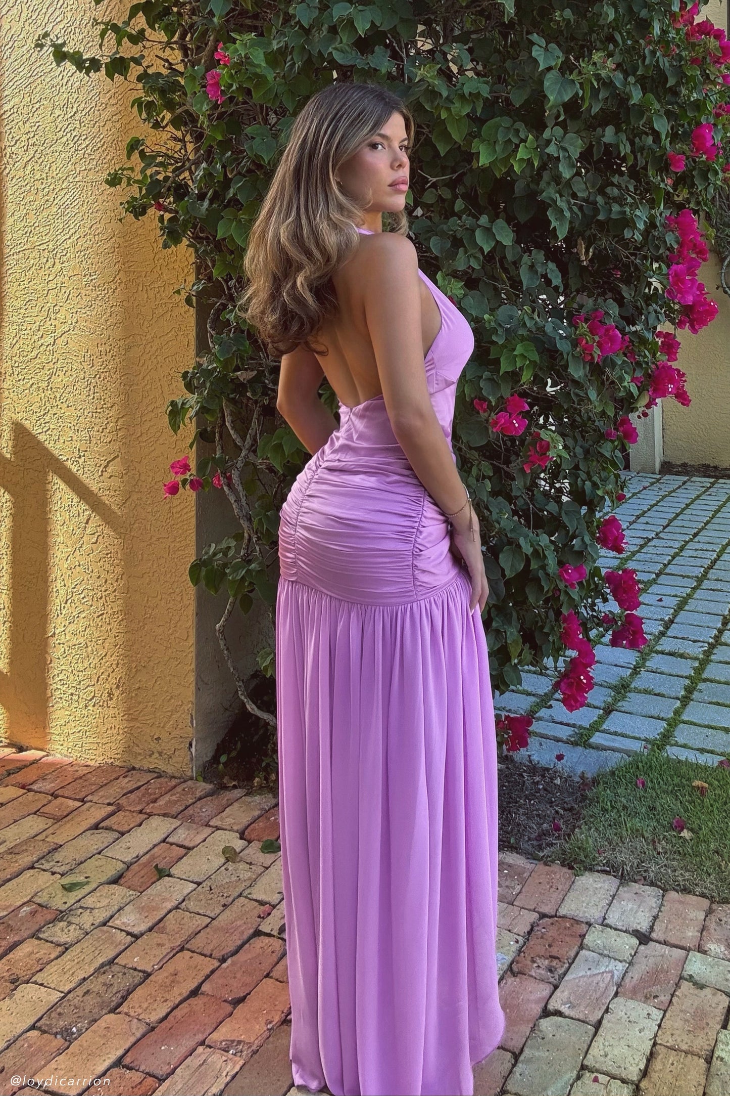 Robe Maxi Plunge en Satin et Chiffon Graziana - Violette