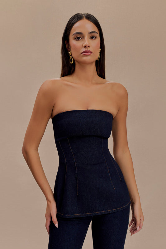 Madelyn Haut en jean sans bretelles et long - Bleu indigo