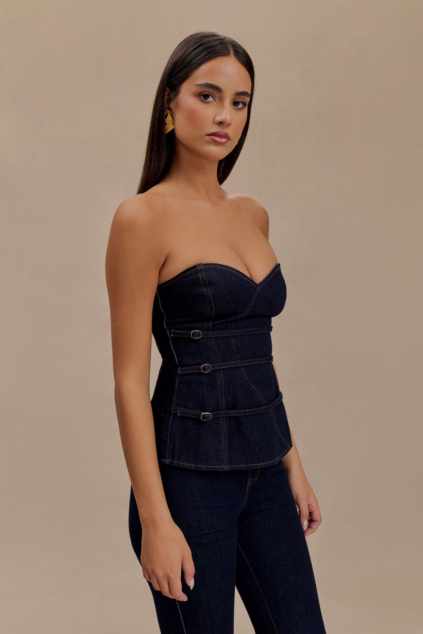Top en jean à bretelles amovibles et boucle Sylas - Bleu indigo