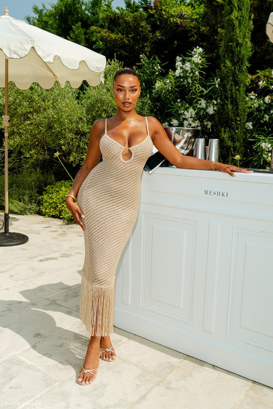 Robe midi en tricot métallisé à franges Raelynn - Or