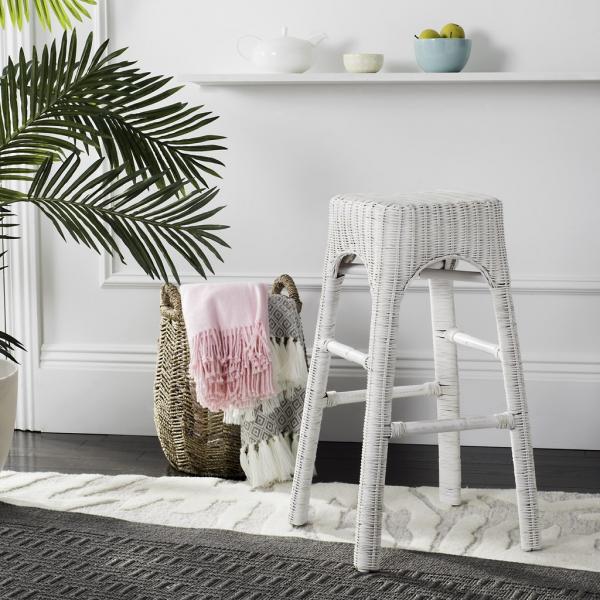 Tabouret de bar en rotin Percy en blanc vieilli