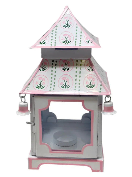 Lanterne pagode blanche et rose avec motif tulipe (3 tailles)