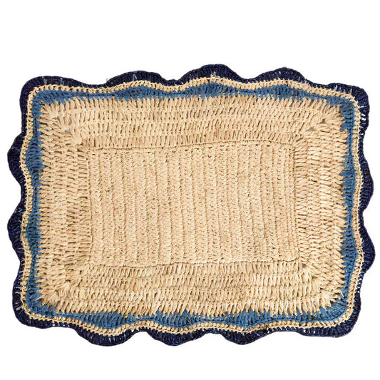 Sets de table Garden Party avec bords bleus, sets de table rectangulaires tissés à la main, set de table bohème en raphia naturel pour table à manger