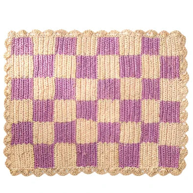 Set de table à carreaux lavande, plateau rectangulaire en raphia