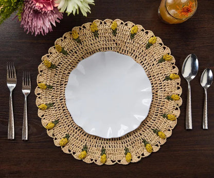Set de table tulipe fait main – Set de table floral en raphia au crochet – Décoration de table printanière et de Pâques – Vaisselle artisanale – Décoration de salle à manger bohème
