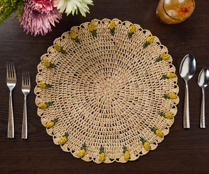 Set de table tulipe fait main – Set de table floral en raphia au crochet – Décoration de table printanière et de Pâques – Vaisselle artisanale – Décoration de salle à manger bohème