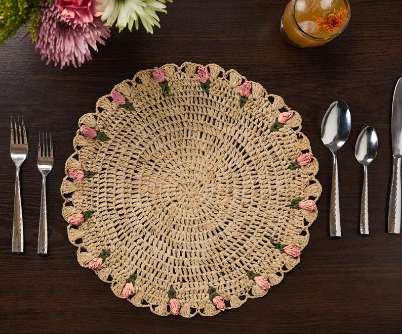 Sets de table floraux tulipes – Sets de table floraux en raphia crochetés à la main – Décoration de table printanière