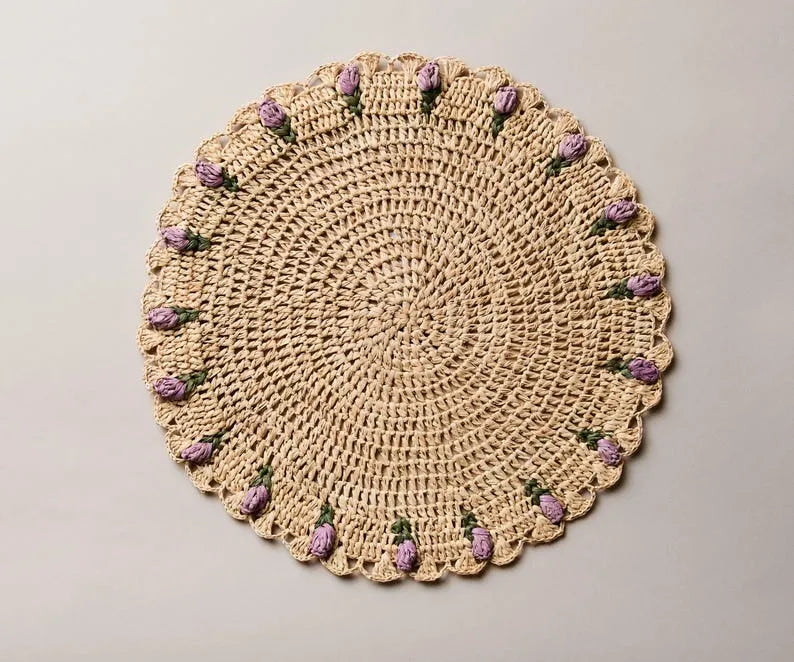 Set de table Tulipe Floral – Raphia crocheté à la main – Décoration de table printanière – Décoration de table de Pâques – Fait main par des artisans à Madagascar
