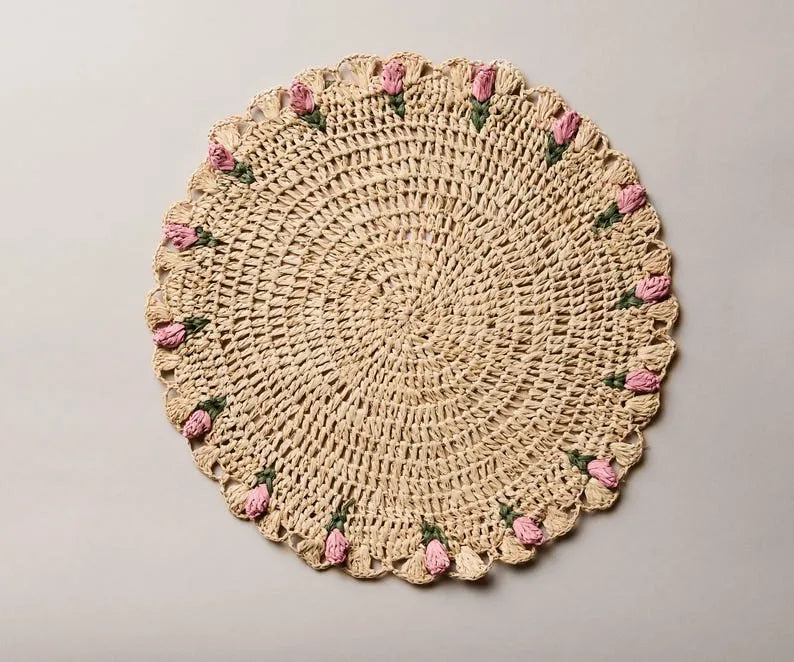 Sets de table floraux tulipes – Sets de table floraux en raphia crochetés à la main – Décoration de table printanière