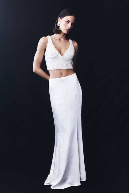 Jupe Maxi Queue de Poisson en Satin Khloe - Blanche