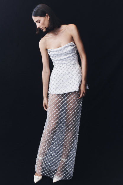 Jupe Maxi Zuri Ornée de Perles Artisanales - Argent
