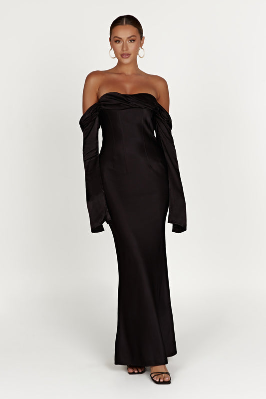 Robe Maxi Giselle à Manches Décolletées et Col Chaudron - Noir