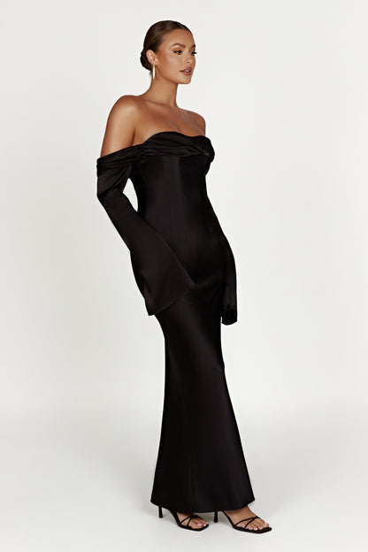 Robe Maxi Giselle à Manches Décolletées et Col Chaudron - Noir